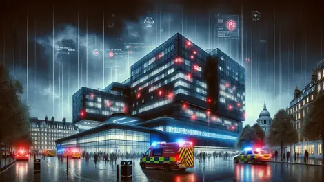 Dall e 2024 06 06 17.03.46   a modern hospital in london under a cyber attack. the scene shows the exterior of the hospital building at night  with lights flickering and some wind