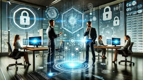 Dall e 2024 06 21 10.33.51   a dynamic and professional scene depicting a collaboration in cybersecurity. a sleek office setting with two business professionals discussing cyberse