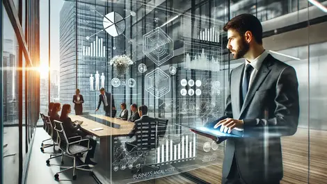 Dall e 2024 09 24 14.15.19   a dynamic business office environment showing a professional analyzing complex project diagrams and data on a large transparent screen. in the backgro