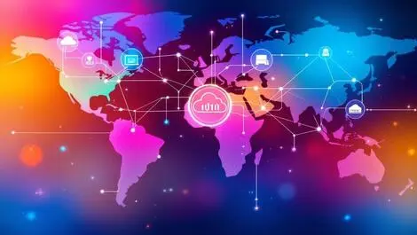 Global digital network interconnected nodes laptop cloud icons data flow vivid world map modern clean style