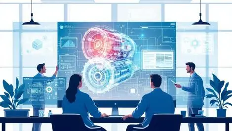 Engineers collaborating digital 3d model transparent screens integrated systems