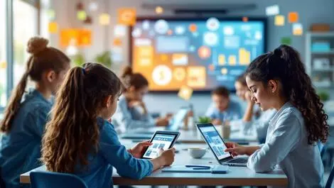 Modern digital classroom students engaging tablets laptops interactive learning