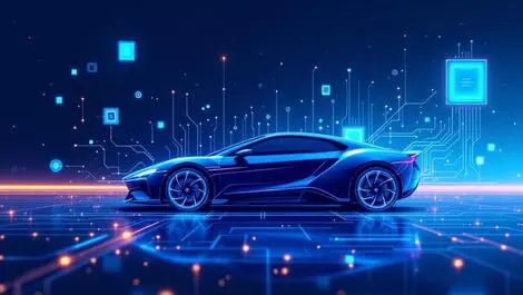 Abstract futuristic car silhouette with floating circuit chip design ai semi tech