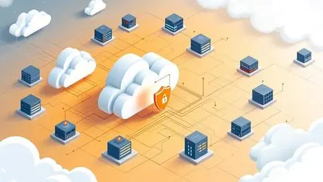 Digital illustration multi cloud environment interconnected servers security shields ai cyber threats