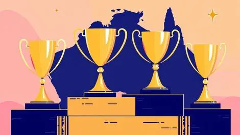 Four gold trophies on podium with australian continent outline illustration