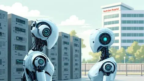 Modern ai robot facing old bulky computer servers australian hospital background