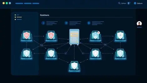 Computer dashboard interconnected servers security shields network connections monitoring