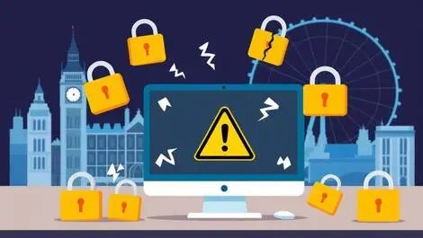 Computer warning symbol broken padlocks uk landmarks big ben london eye