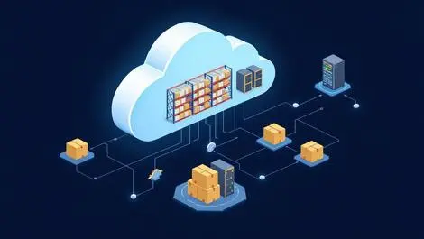 Illustration cloud interconnected warehouse shelves boxes servers digital automation industrial supply chain