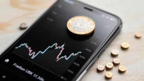 Smartphone showing uk stock chart with british pound coin and fractional stocks