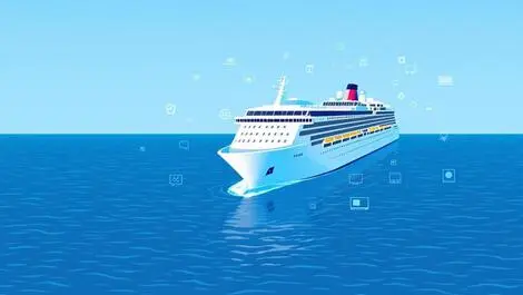 Large cruise ship on calm blue ocean with tech icons symbolizing it management
