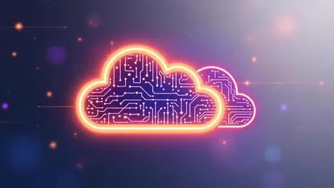 Stylized interlocking cloud icons circuit patterns connected glowing line secure data sharing ai automation