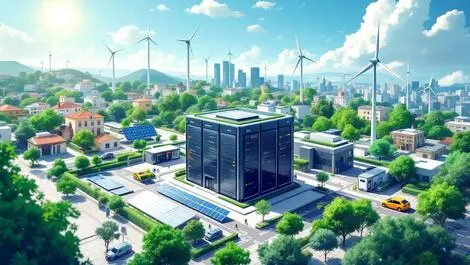 Modern data centre green energy solar panels wind turbines spanish city