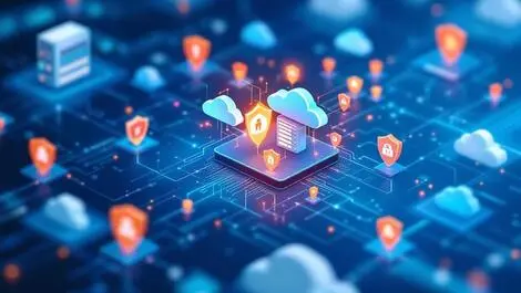 Realistic illustration complex network servers cloud icons data flows cybersecurity shields