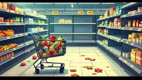 Shopping cart few groceries empty shelves supermarket inflation impact