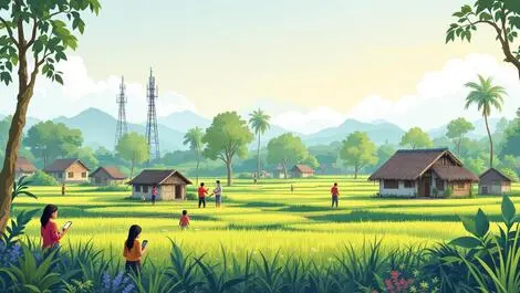 Rural indonesian village smartphones smart devices signal towers digital connectivity