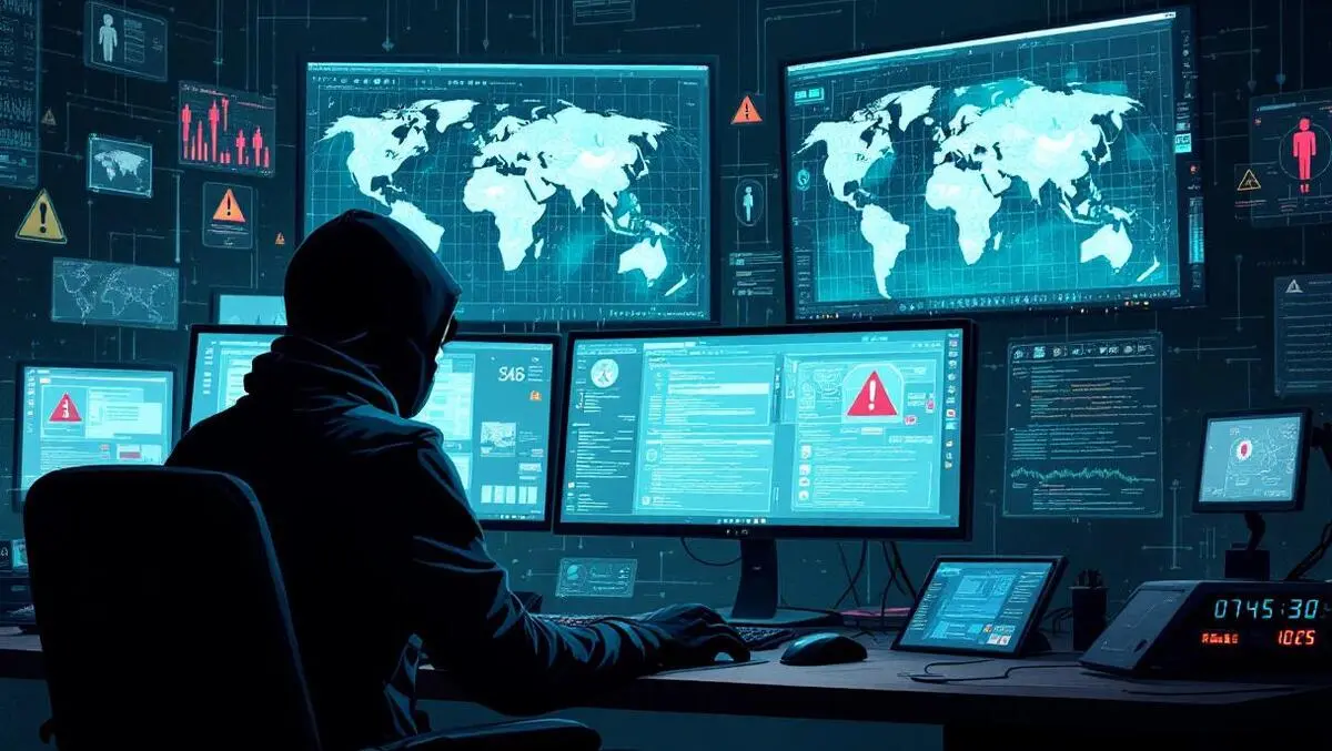 Detailed illustration hacker dark room digital maps warning symbols cyber intrusion