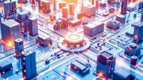 Interconnected industrial machines network equipment glowing cables high tech factory env