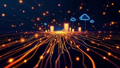 Glowing fiber optic cables spreading dark background connectivity growth