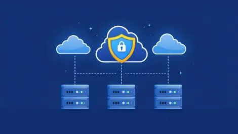 Interconnected cloud icons corporate servers protective shield lock hybrid cloud security