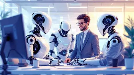 Realistic illustration professionals collaborating autonomous robot assistants modern office