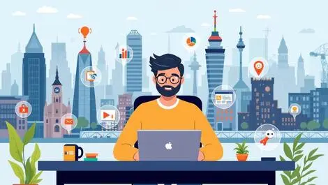 Small business owner laptop digital icons media communication manchester