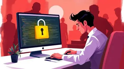 Stressed businessman locked computer shadowy figures ransomware uk office