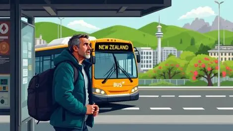 Frustrated commuter waiting at new zealand bus stop with cityscape