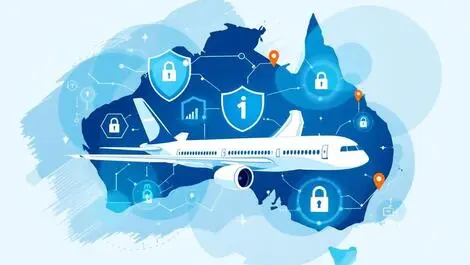 Commercial airplane digital padlocks shield icons abstract australia map cybersecurity aviation