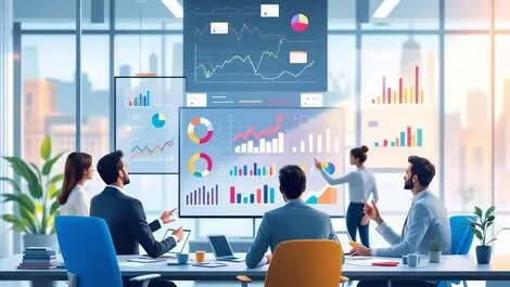 Business professionals analyzing colorful data charts graphs modern office