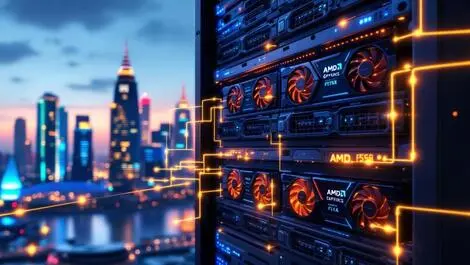 Amd graphics cards server rack network lines data flow singapore cityscape