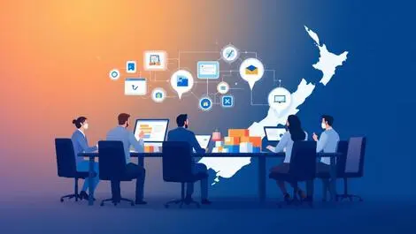 Businesspeople analyzing tech products supply chain new zealand map