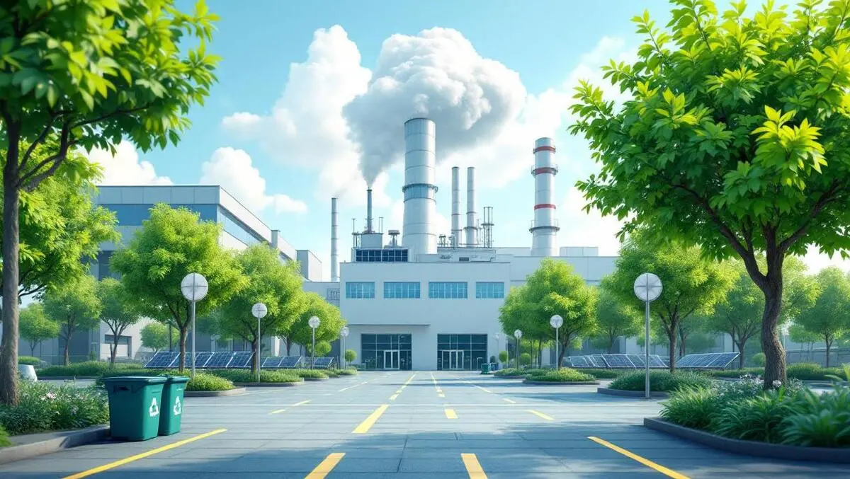 Modern electronics factory green trees solar panels recycling bins clean air emissions reduction