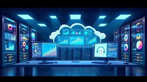High tech cloud server room multiple screens colorful data charts advanced monitoring