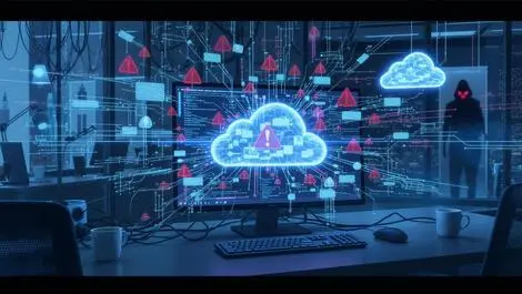 Digital illustration computer warning signals network cables cloud cyberattack shadowy figure modern office