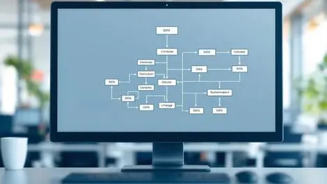 Detailed flowchart interconnected nodes arrows data lineage computer monitor office setting