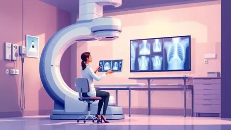 Modern medical imaging room mammography machine computer workstation female doctor examining breast xray