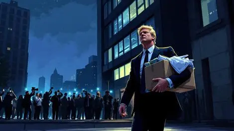 Businessman leaving office building night carrying box personal items crowd camera flashes