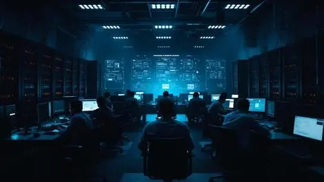 Realistic photo dark office frustrated professionals inactive monitors flickering servers network outage costs us companies