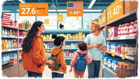Caucasian family supermarket concerned higher prices essential goods us flag colors