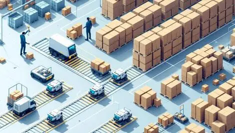 High angle warehouse illustration with robotic storage bins and tracks logistics