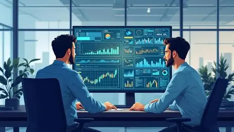 Business professionals analyzing financial charts ai data modern office