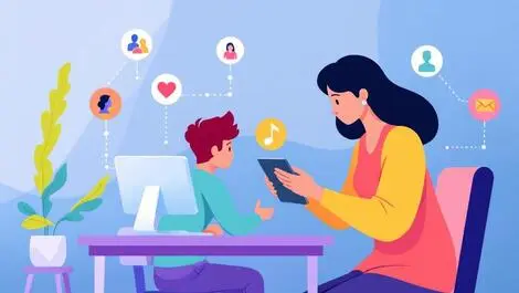 Colorful teacher using tablet guiding student icons learning pathways