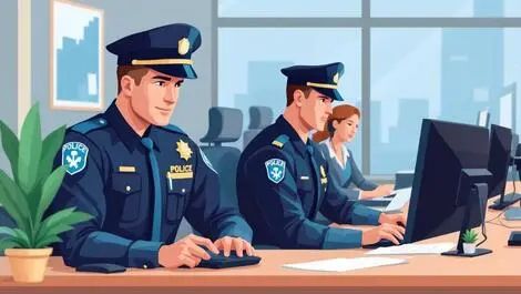 Uniformed police officers and business staff collaborating in modern office