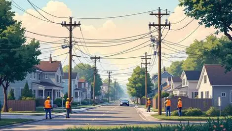 Realistic suburban us neighborhood power outage utility workers inspecting