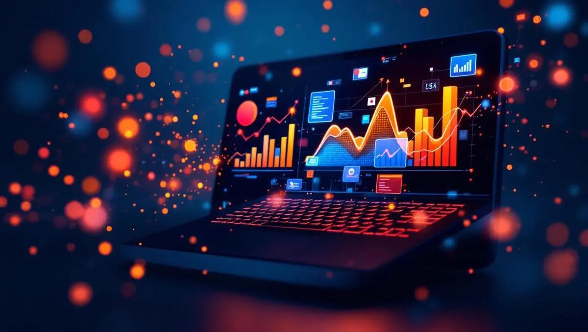 Ai generated graphs and charts emerging from computer screen with floating abstract data points