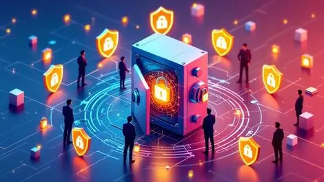 Realistic digital vault with shields glowing locks and guard silhouettes