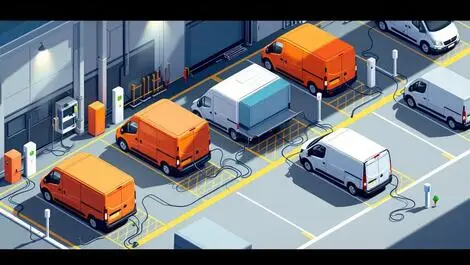 Realistic electric vans charging at organized depot stations with cables