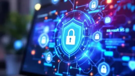 Computer screen security lock icons virtual shields microsoft 365 ai cloud protection