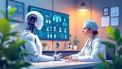 Doctor consulting friendly ai robot reviewing patient scans modern clinic